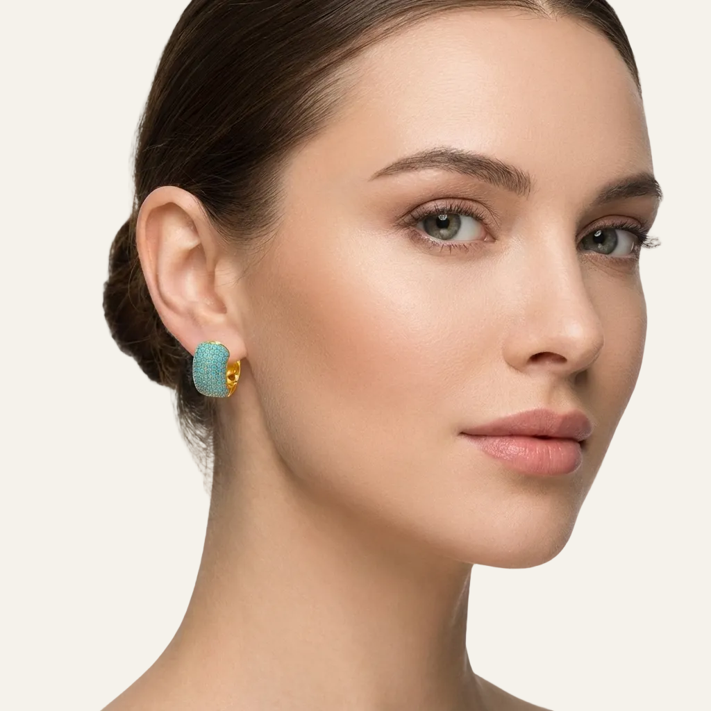 18K Gold Plated Stainless Steel Turquoise Pave Hoop Earrings