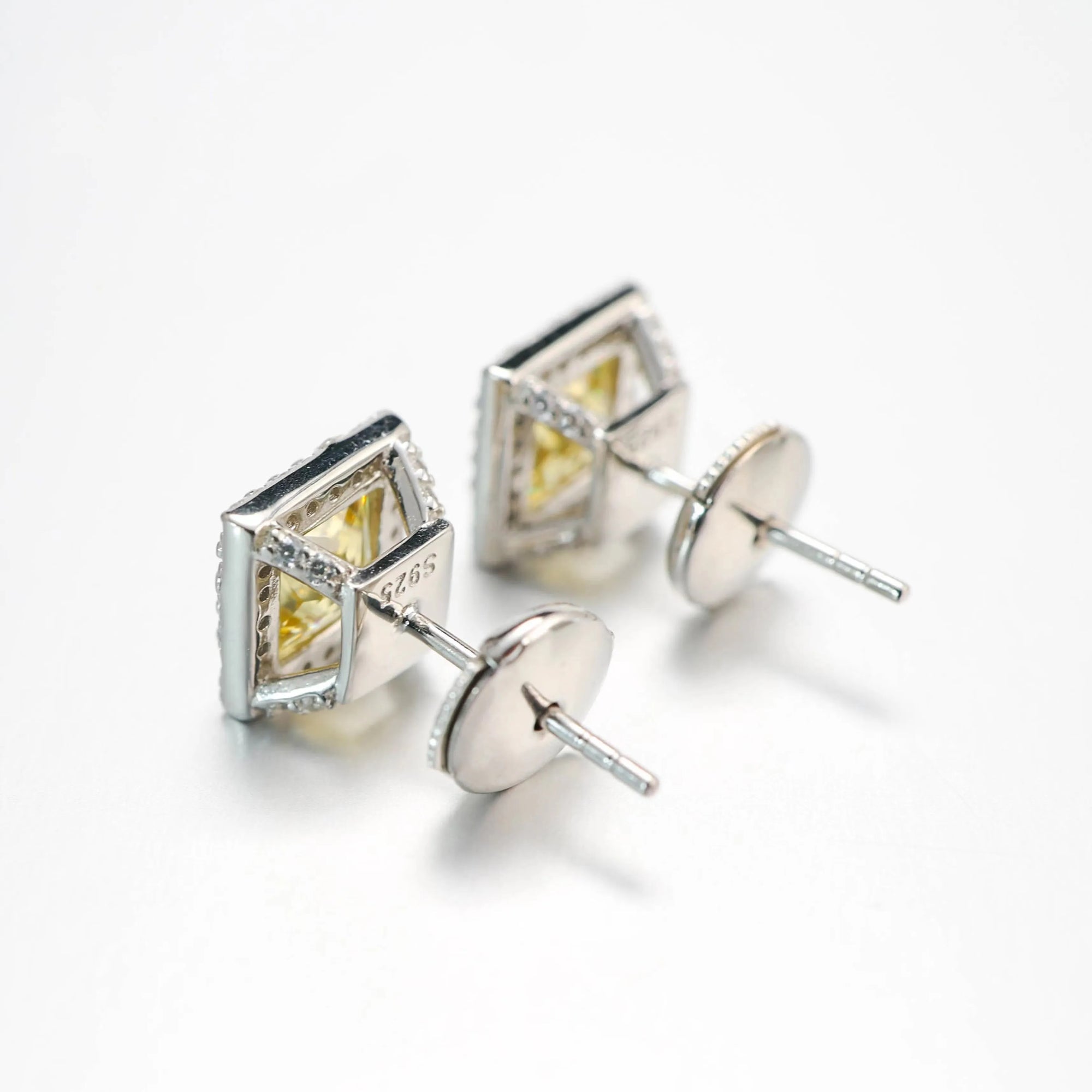 925 Sterling Silver Yellow Zircon Square Stud Earrings