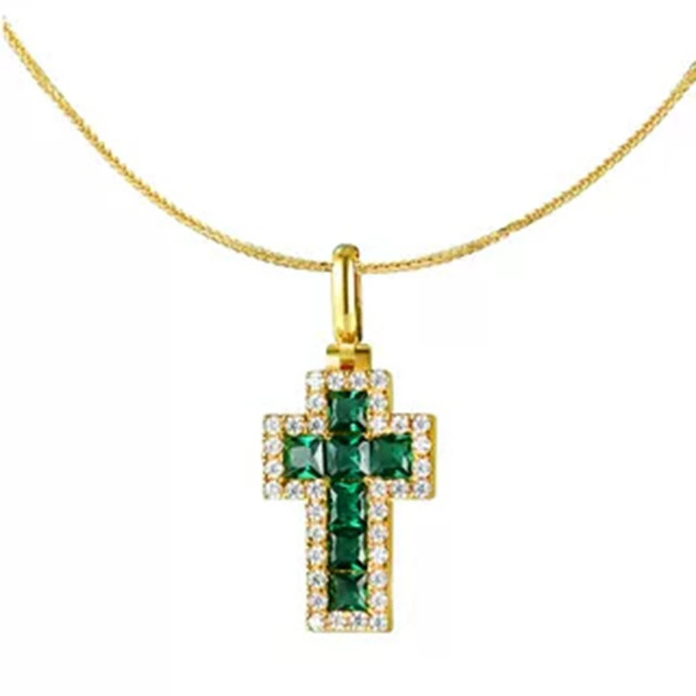925 Sterling Silver Emerald Cross Pendant Necklace
