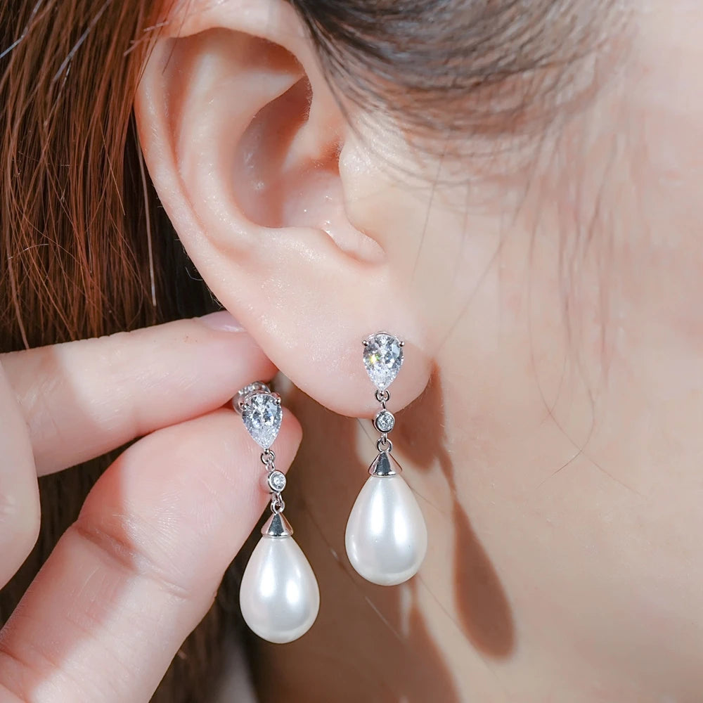 Sterling Silver 925 Freshwater Pearl Water Drop Dangle Earrings