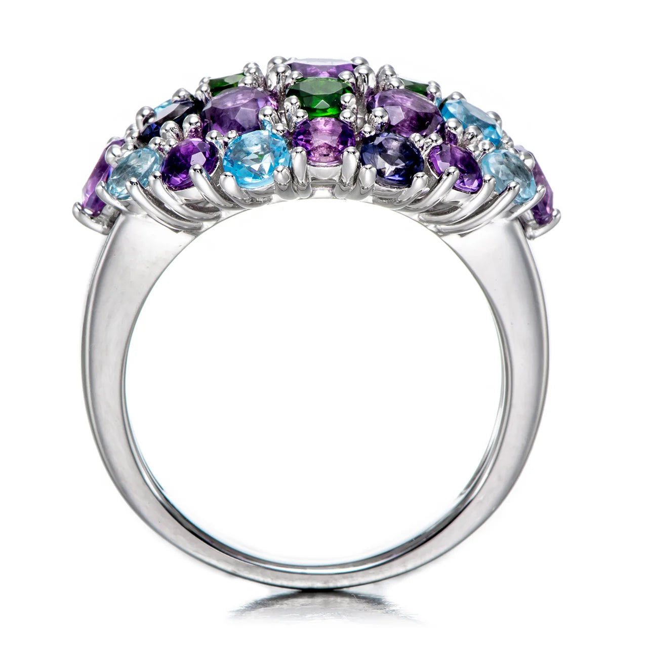 925 Sterling Silver with Rhodium Amethyst, Chrome Diopside, Lolite, Swiss Blue Topaz, Sky Blue Topaz Ring