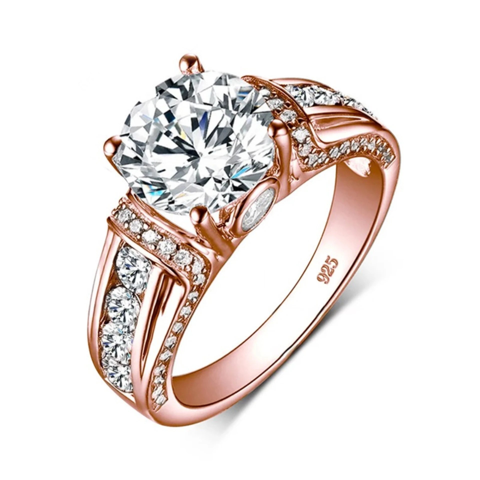 Rose gold ring with diamond-like gemstone and measurement details on a white background