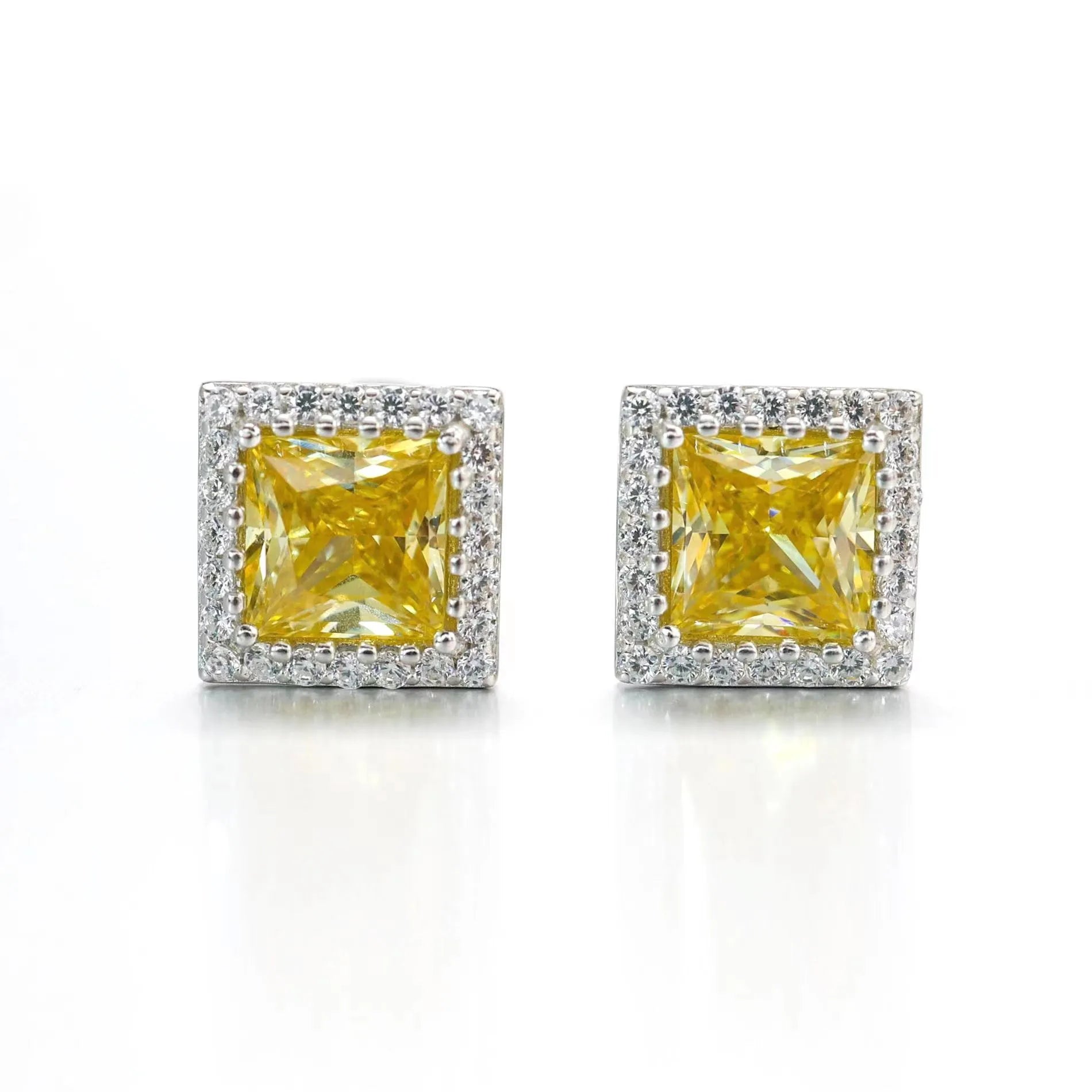925 Sterling Silver Yellow Zircon Square Stud Earrings