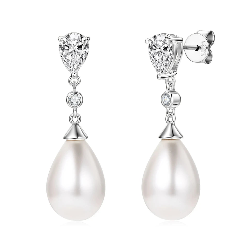 Sterling Silver 925 Freshwater Pearl Water Drop Dangle Earrings