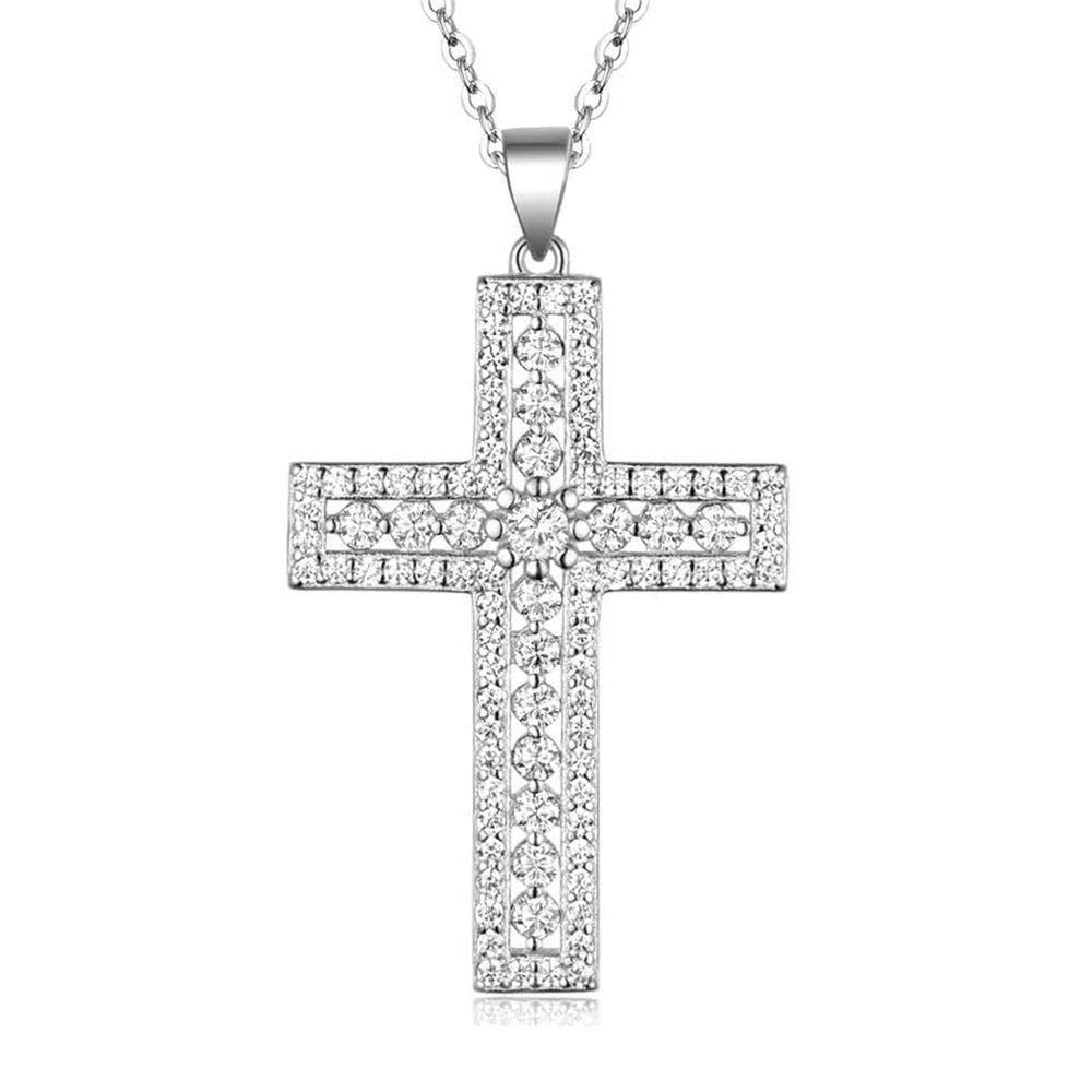 925 Sterling Silver Moissanite Diamond Gems Cross Pendant Necklace