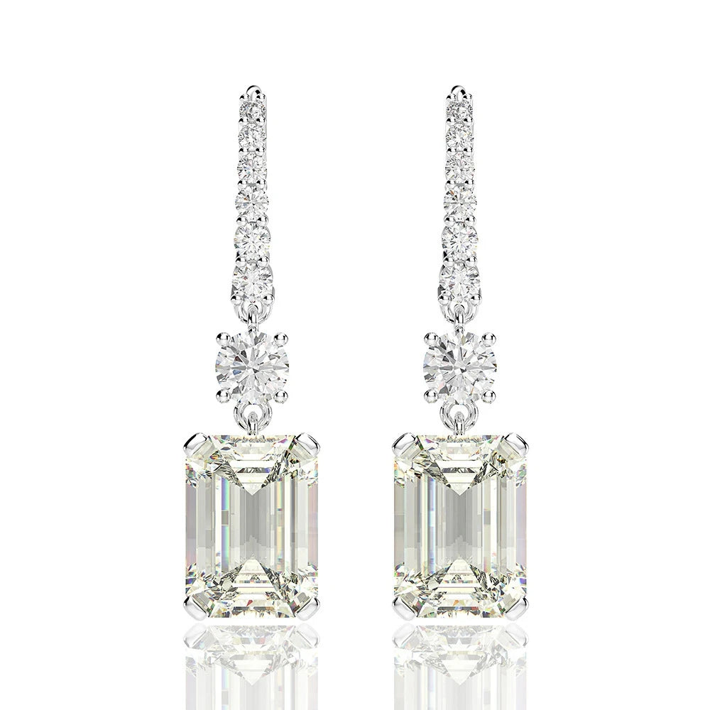 925 Sterling Silver Emerald Cut Lab Sapphire Drop Earrings