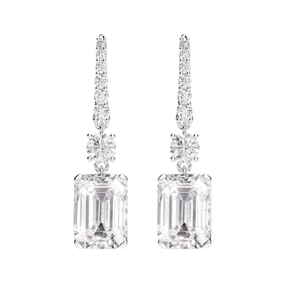 925 Sterling Silver Emerald Cut Lab Sapphire Drop Earrings