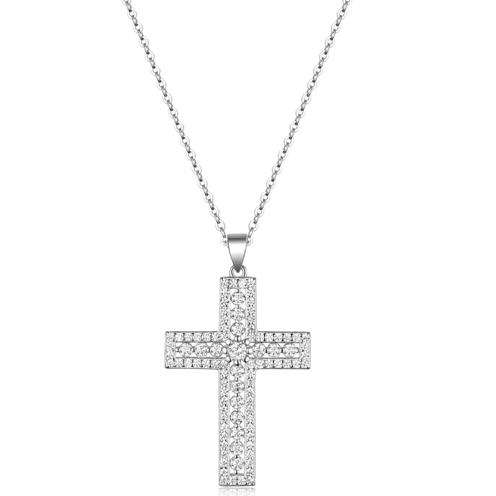 925 Sterling Silver Moissanite Diamond Gems Cross Pendant Necklace