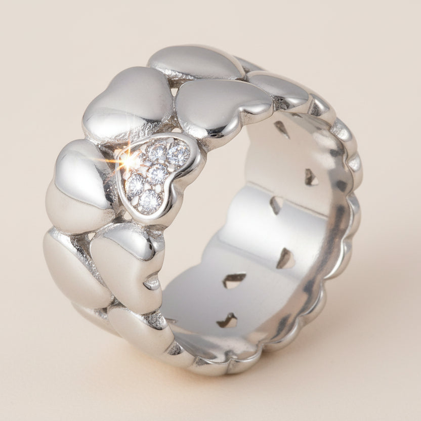 Heart Band Ring Stainless Steel with Rhinestones