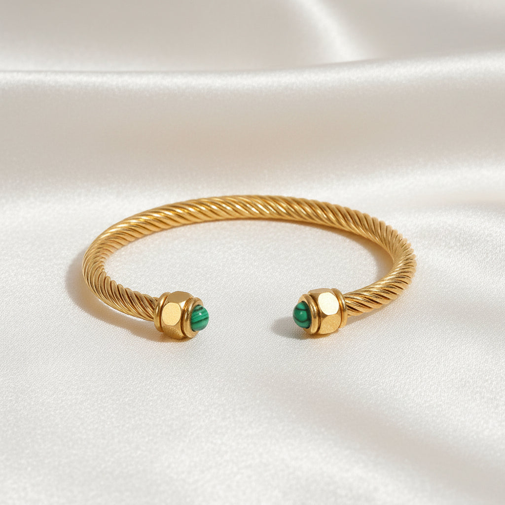 Twisted Cable Bangle with Green stone