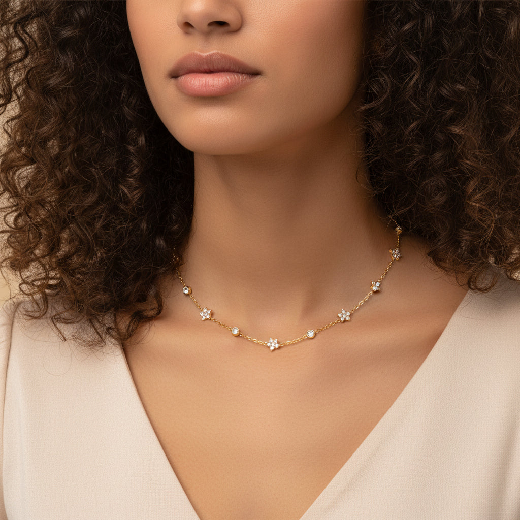 18k Gold Plated Delicate Necklace with Zirconia & Floral accents