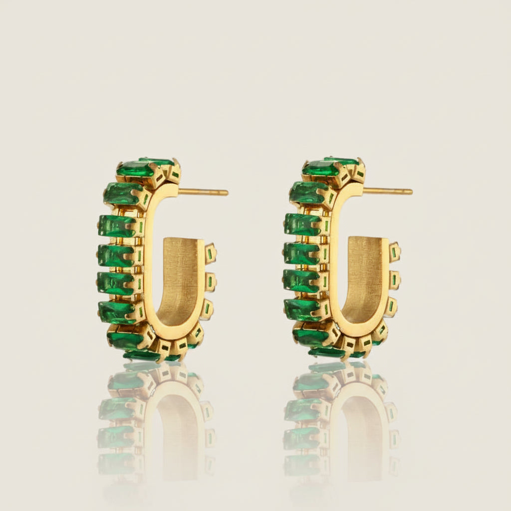 Gold Plated Green Zirconia Hoop Earrings