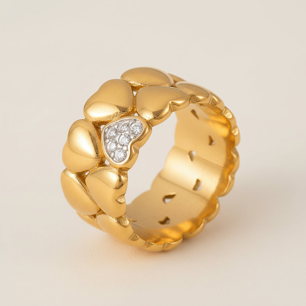 Heart Band Ring Stainless Steel with Rhinestones