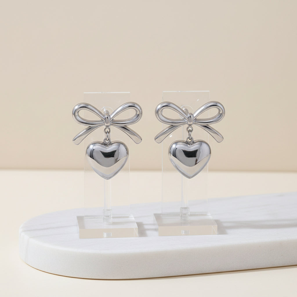 Bow & Heart Drop - Gold and Silver Tone Romantic Earrings