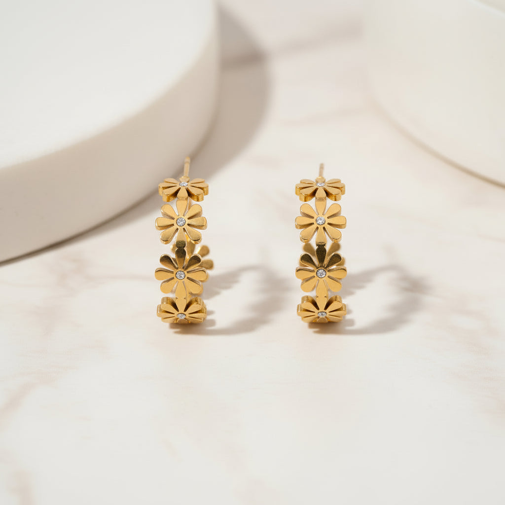 Floral Hoop Earrings with Crystal Accents