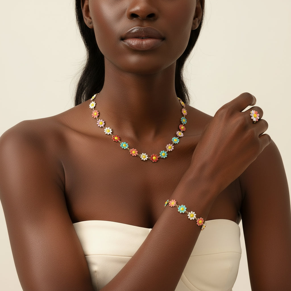 Floral Charm Necklace & Bracelet Set