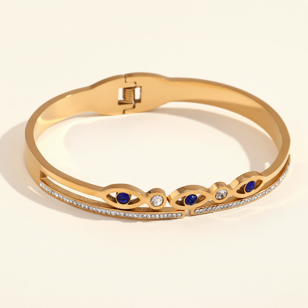 18K Gold Plated Bangle with Blue Eye Motifs and Zirconia Accents