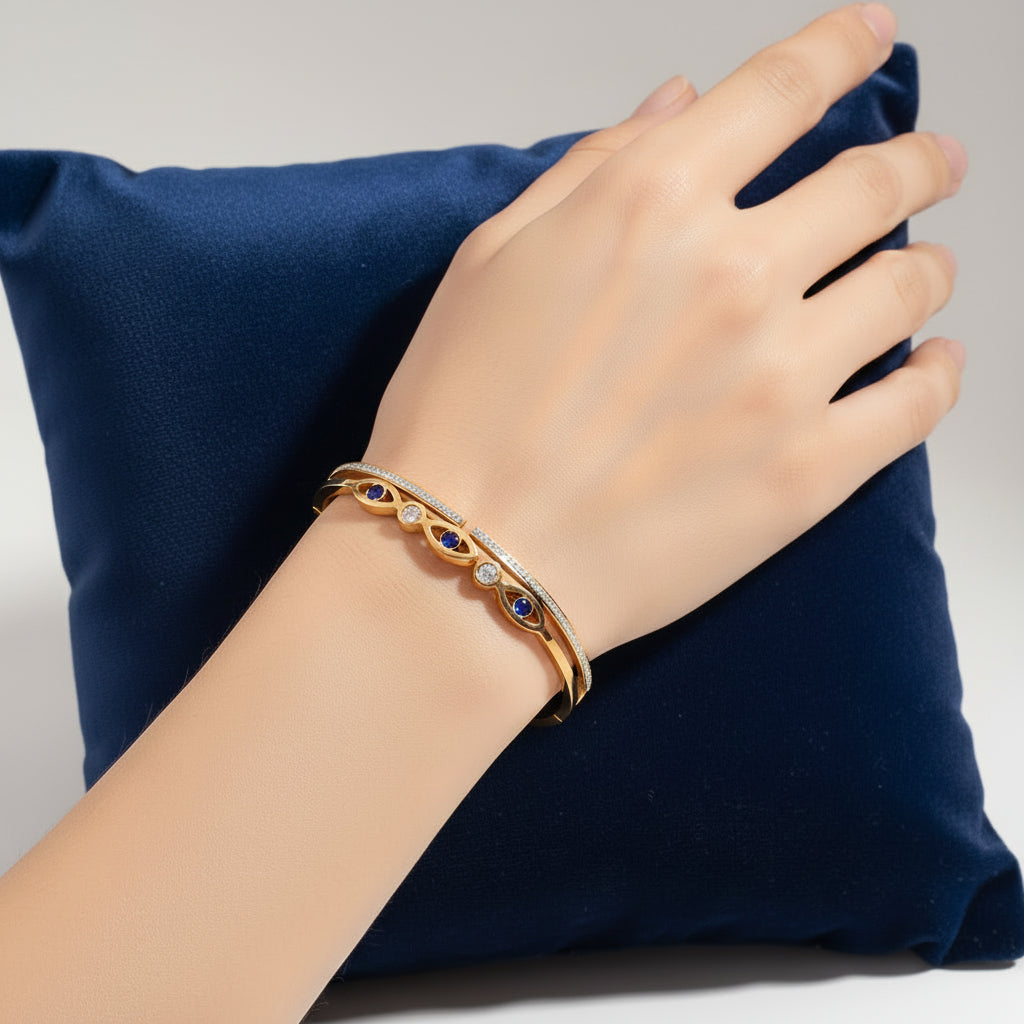 18K Gold Plated Bangle with Blue Eye Motifs and Zirconia Accents
