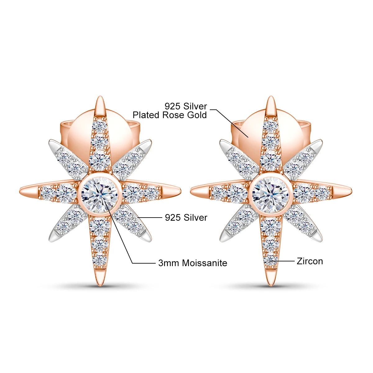 925 Sterling Silver 18K Gold Starburst Zircon Earrings