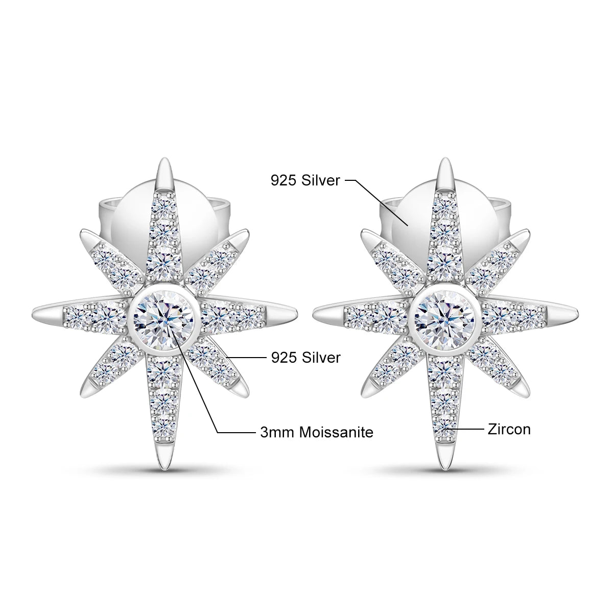 925 Sterling Silver 18K Gold Starburst Zircon Earrings