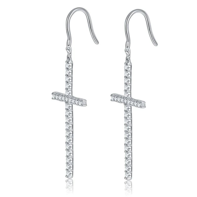 Full Moissanite Cross Drop Earrings