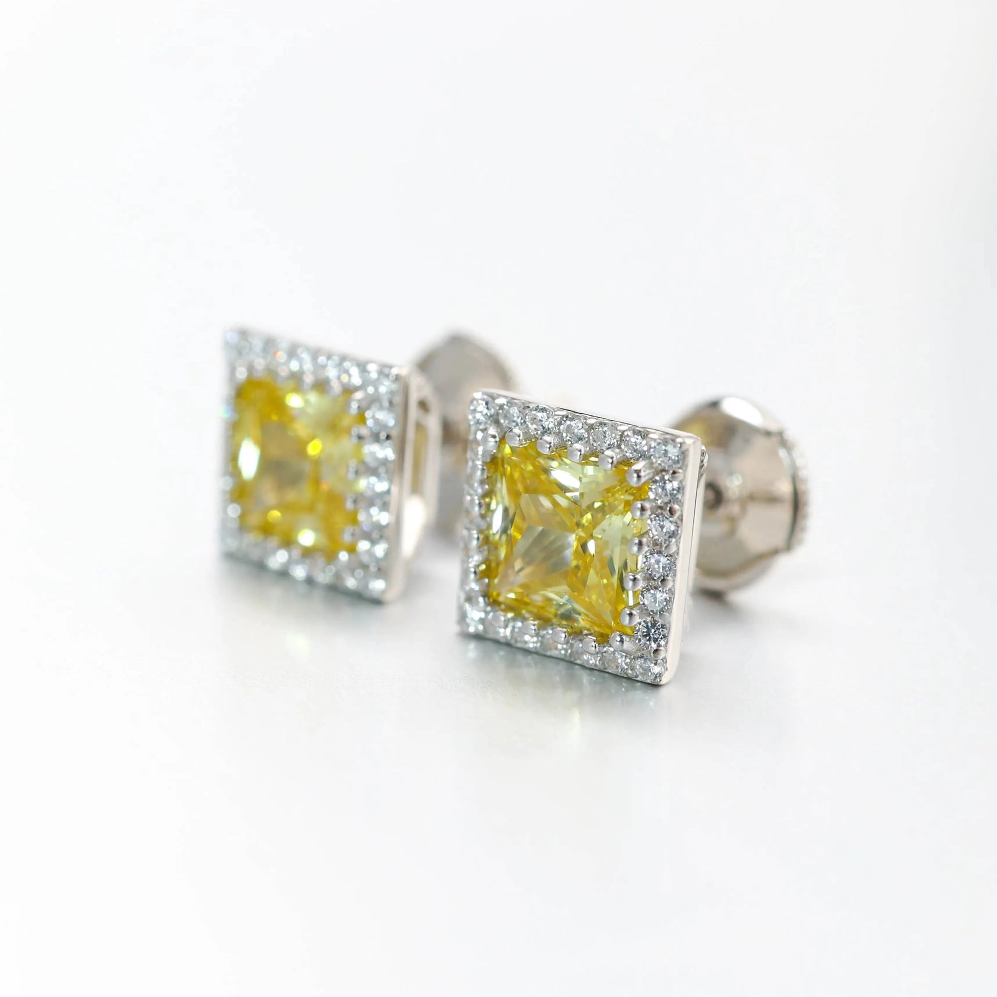 925 Sterling Silver Yellow Zircon Square Stud Earrings