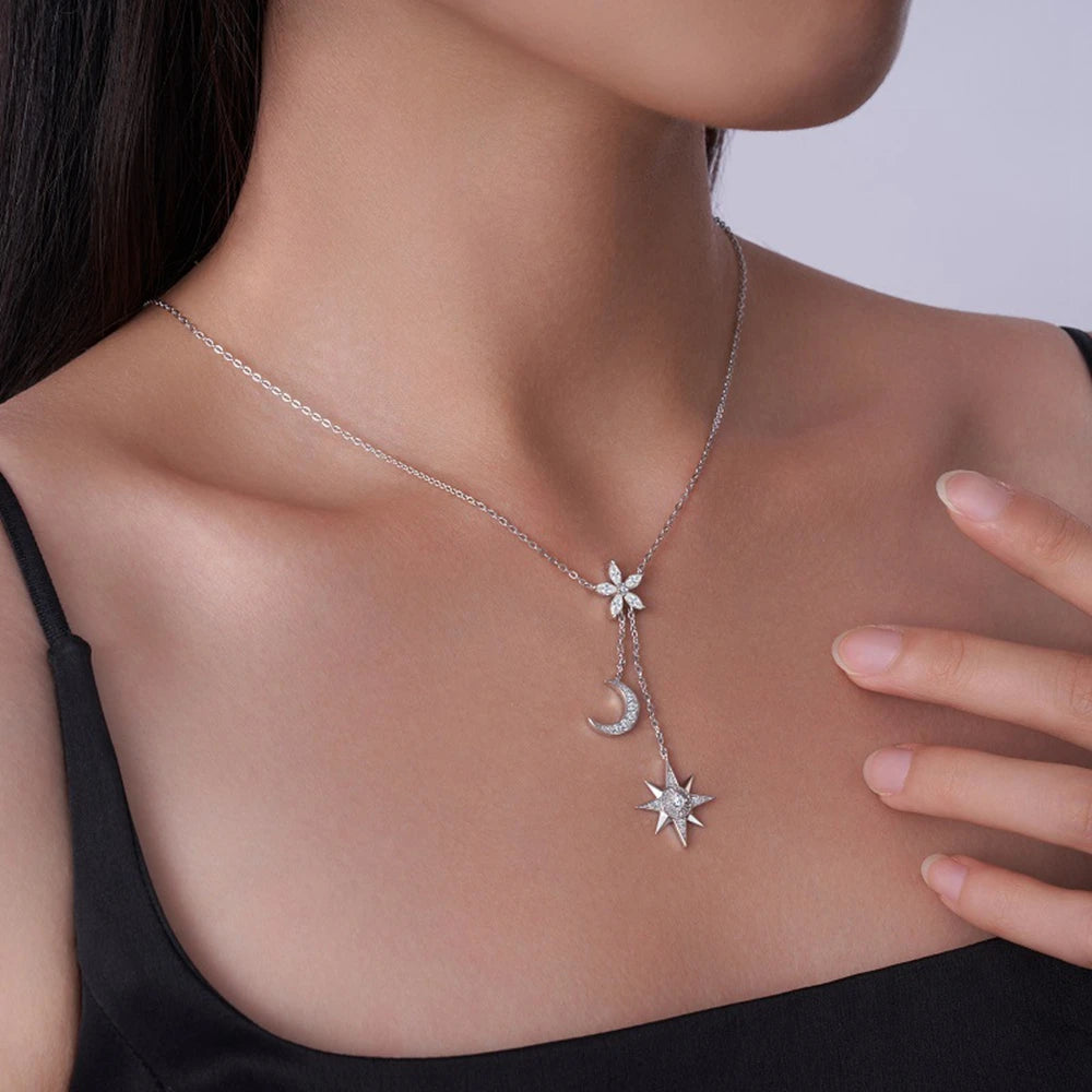 925 Sterling Silver Moissanite Star Moon Pendant Necklace