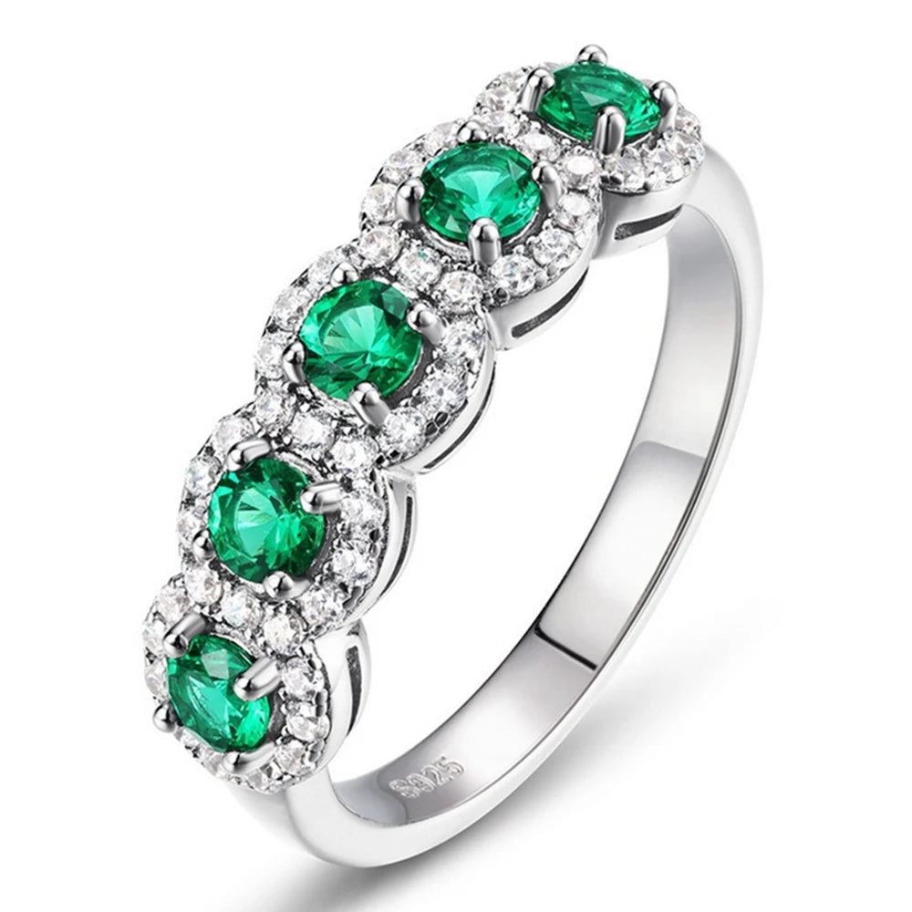 925 Sterling Silver Emerald Diamond Gems Ring