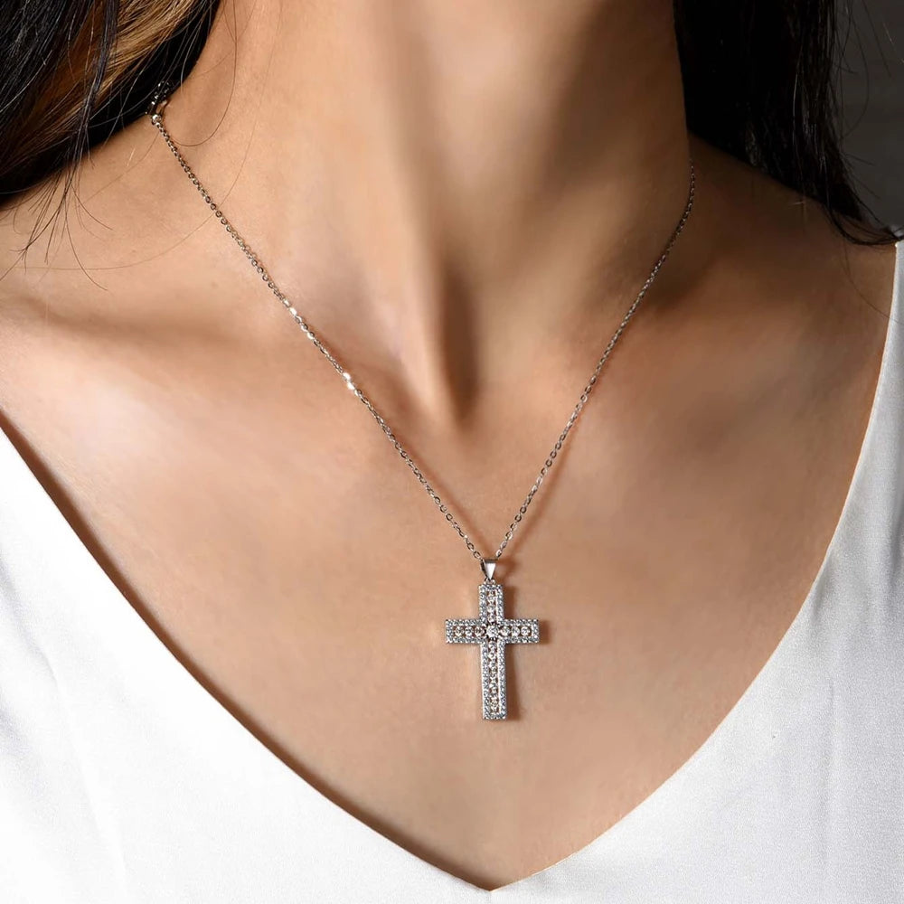 925 Sterling Silver Moissanite Diamond Gems Cross Pendant Necklace
