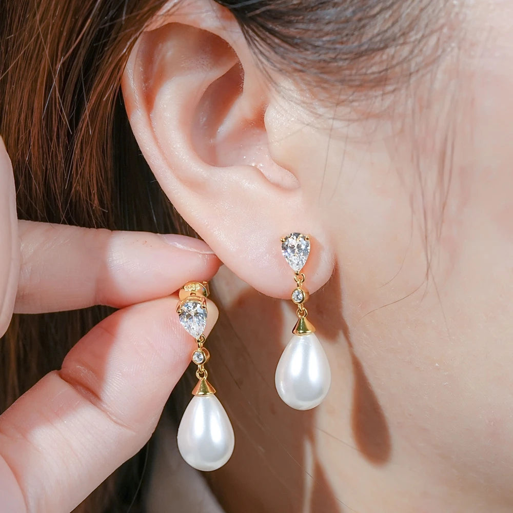 Sterling Silver 925 Freshwater Pearl Water Drop Dangle Earrings