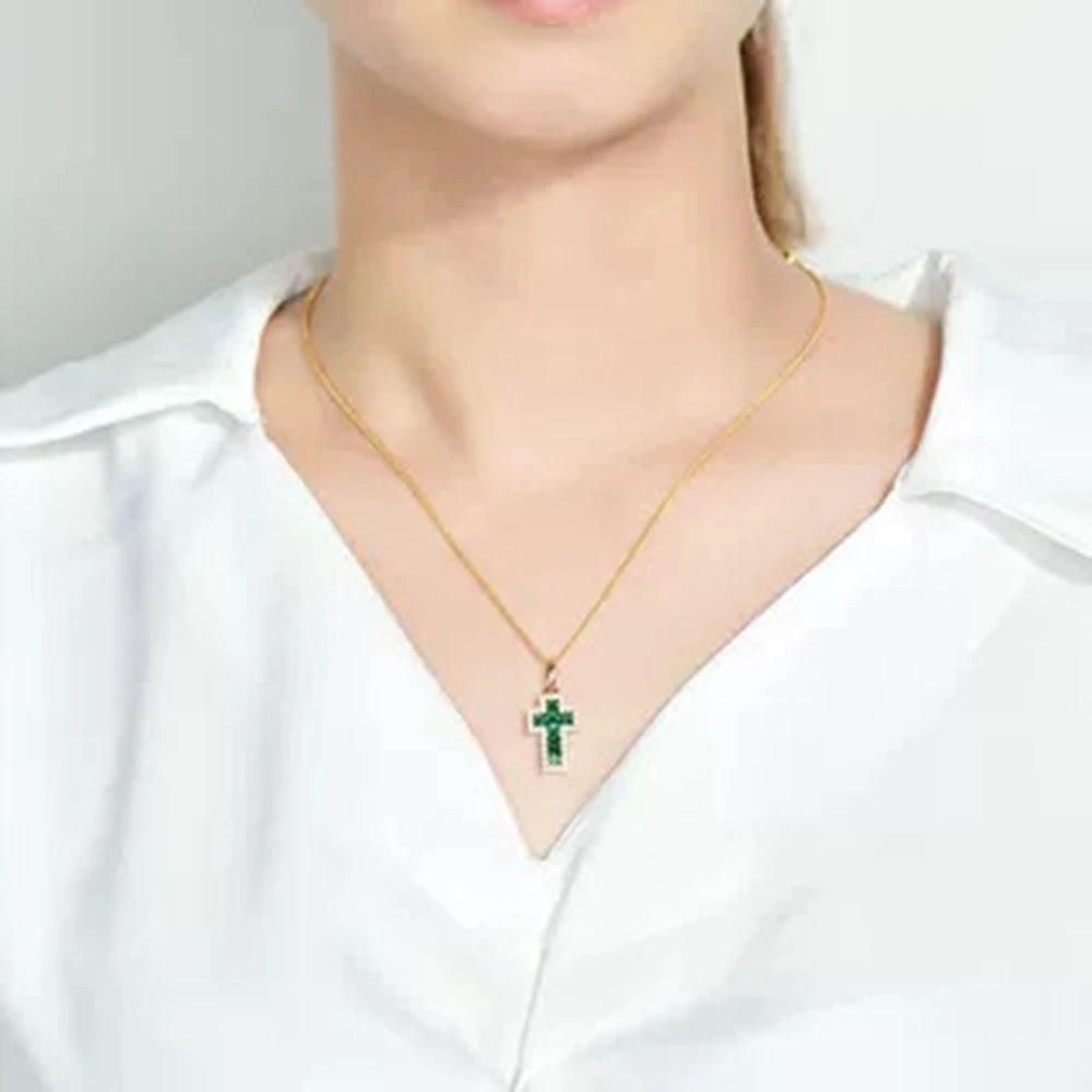 925 Sterling Silver Emerald Cross Pendant Necklace
