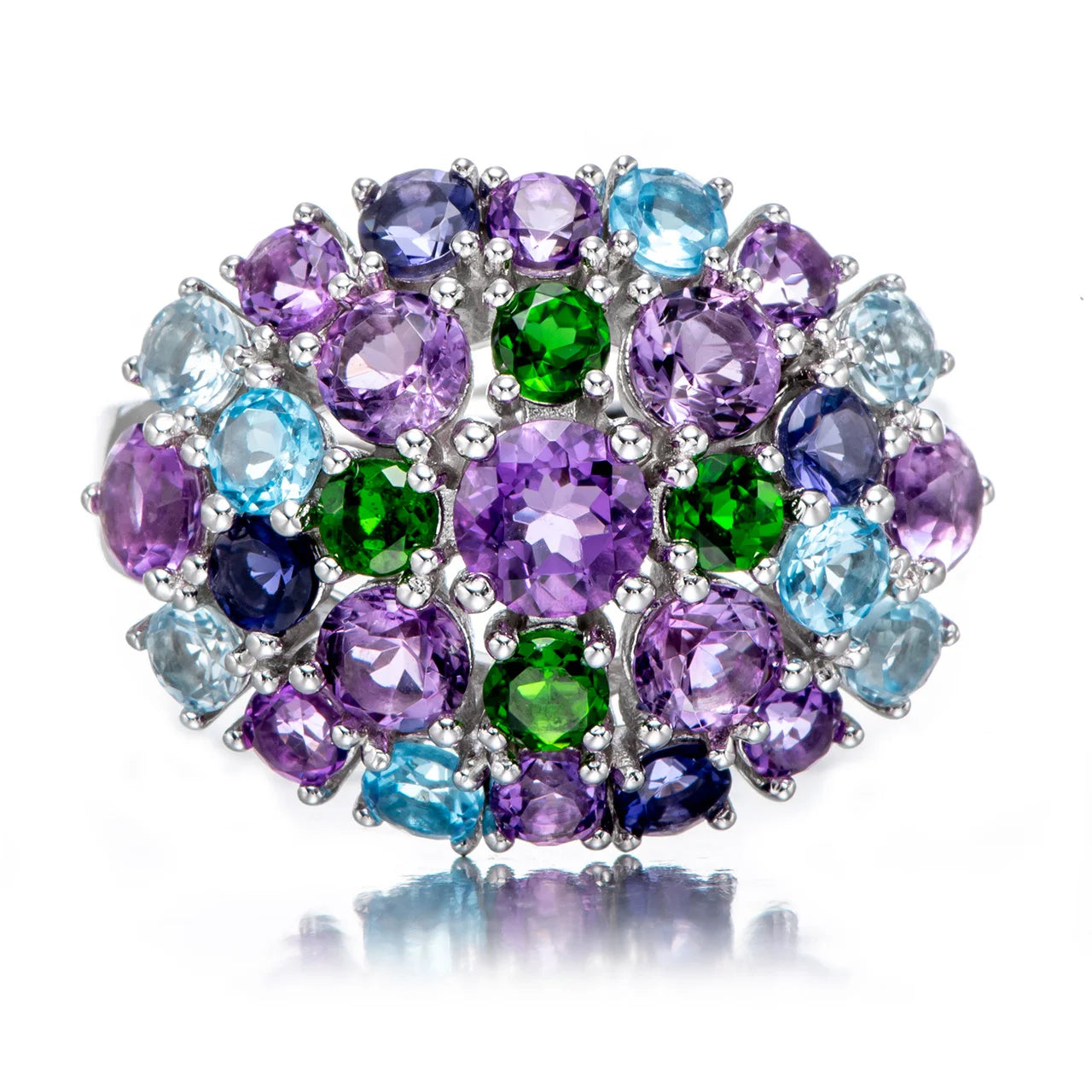 925 Sterling Silver with Rhodium Amethyst, Chrome Diopside, Lolite, Swiss Blue Topaz, Sky Blue Topaz Ring