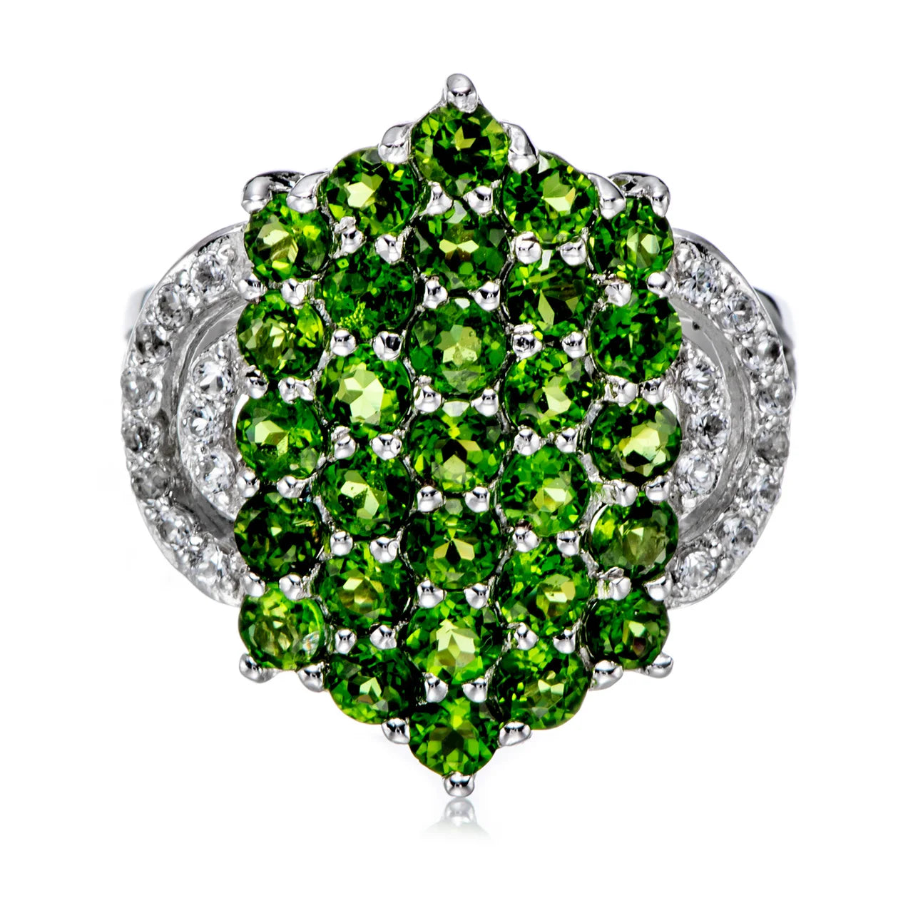 Chrome diopside and White Topaz Rhodium Over PT900 Sterling Silver Ring