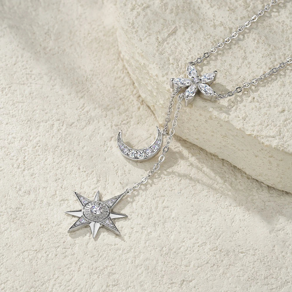 925 Sterling Silver Moissanite Star Moon Pendant Necklace