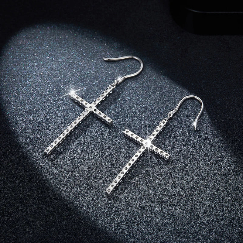 Full Moissanite Cross Drop Earrings