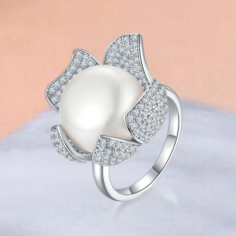 925 Sterling Silver Pearl Zircon Ring