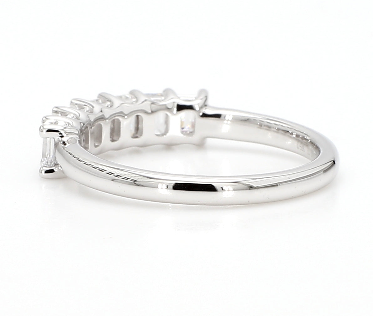 1.02 cttw 14k White Gold Emerald 7 Stone Wedding Band, Trellis Weave Setting