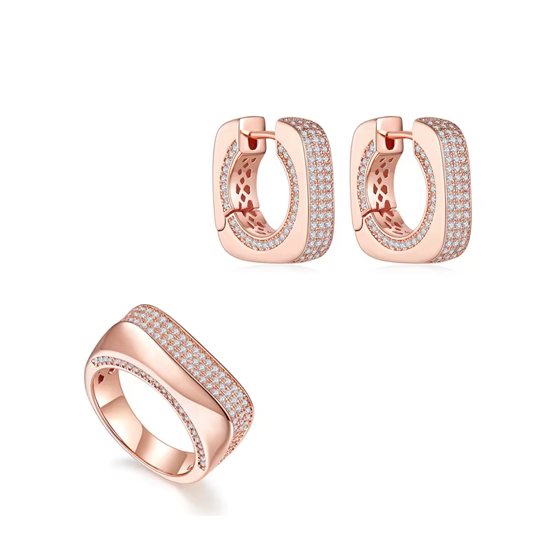 Rose Gold Retro Shining Zircon Ring Hoop Earrings Set