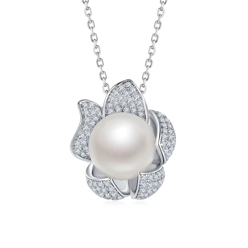 925 Sterling Silver Pearl Flower Pendant Necklace