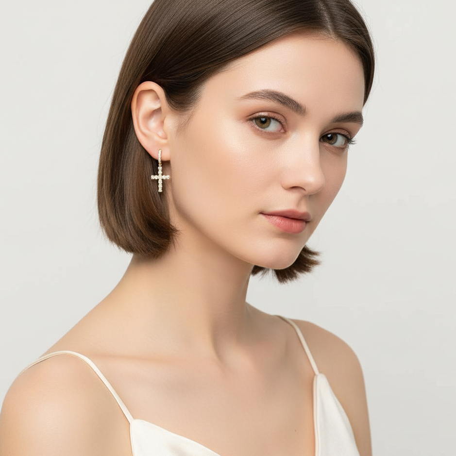 18K Gold Plated Crystal Cross Earrings – Elegant Drop Style