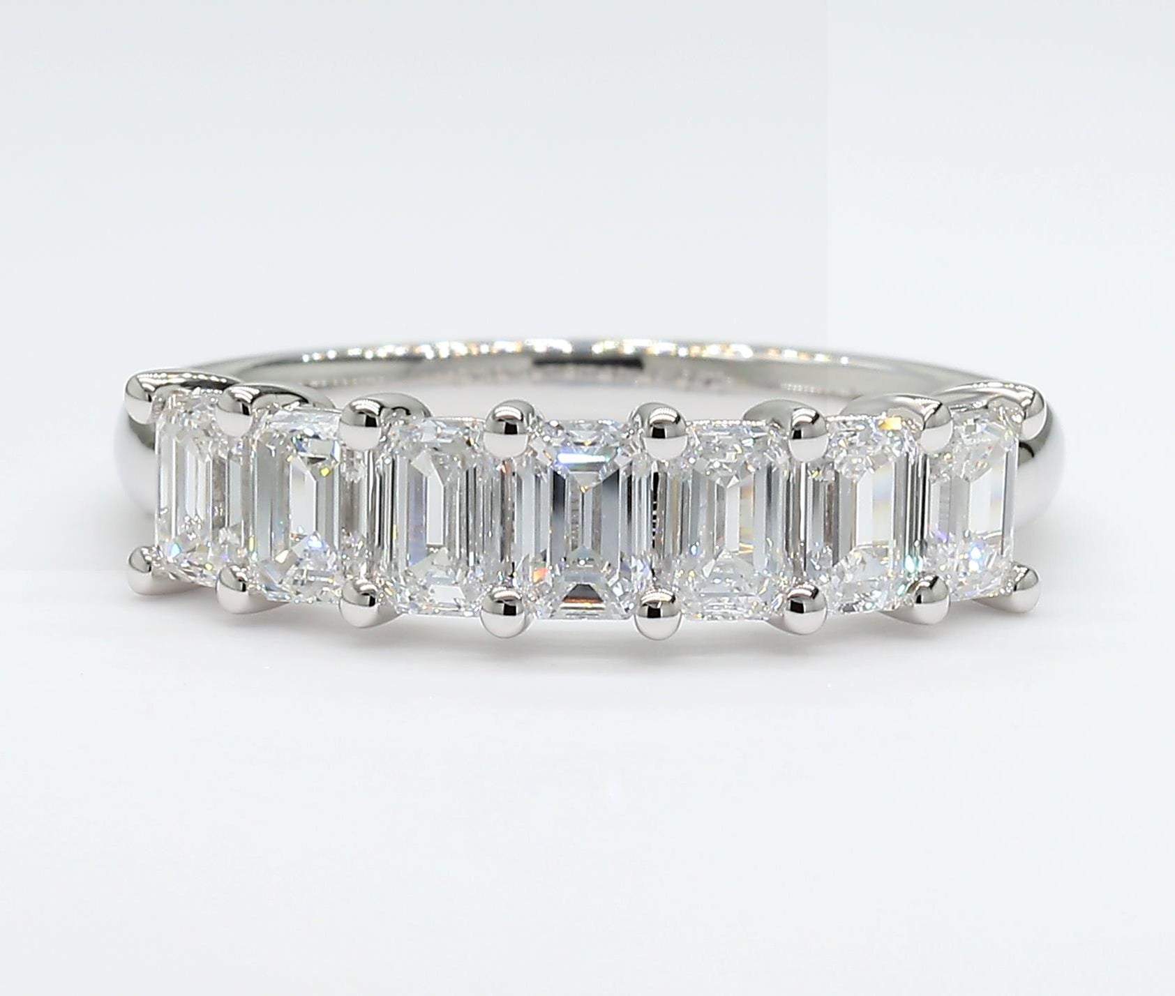 1.51 cttw 14k White Gold Emerald 7 Stone Wedding Band, Basket Setting