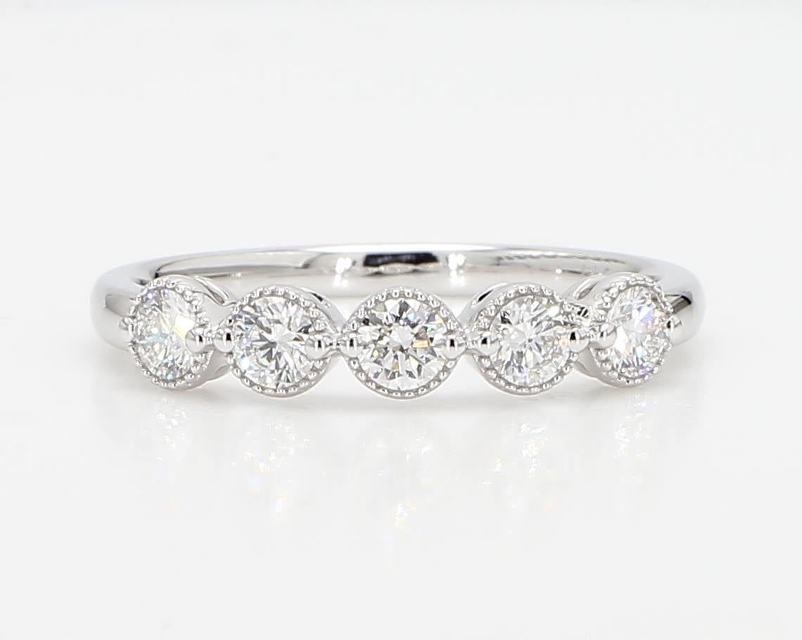 0.50 cttw 14k White Gold Round 5 Stone Wedding Band, Halo Setting