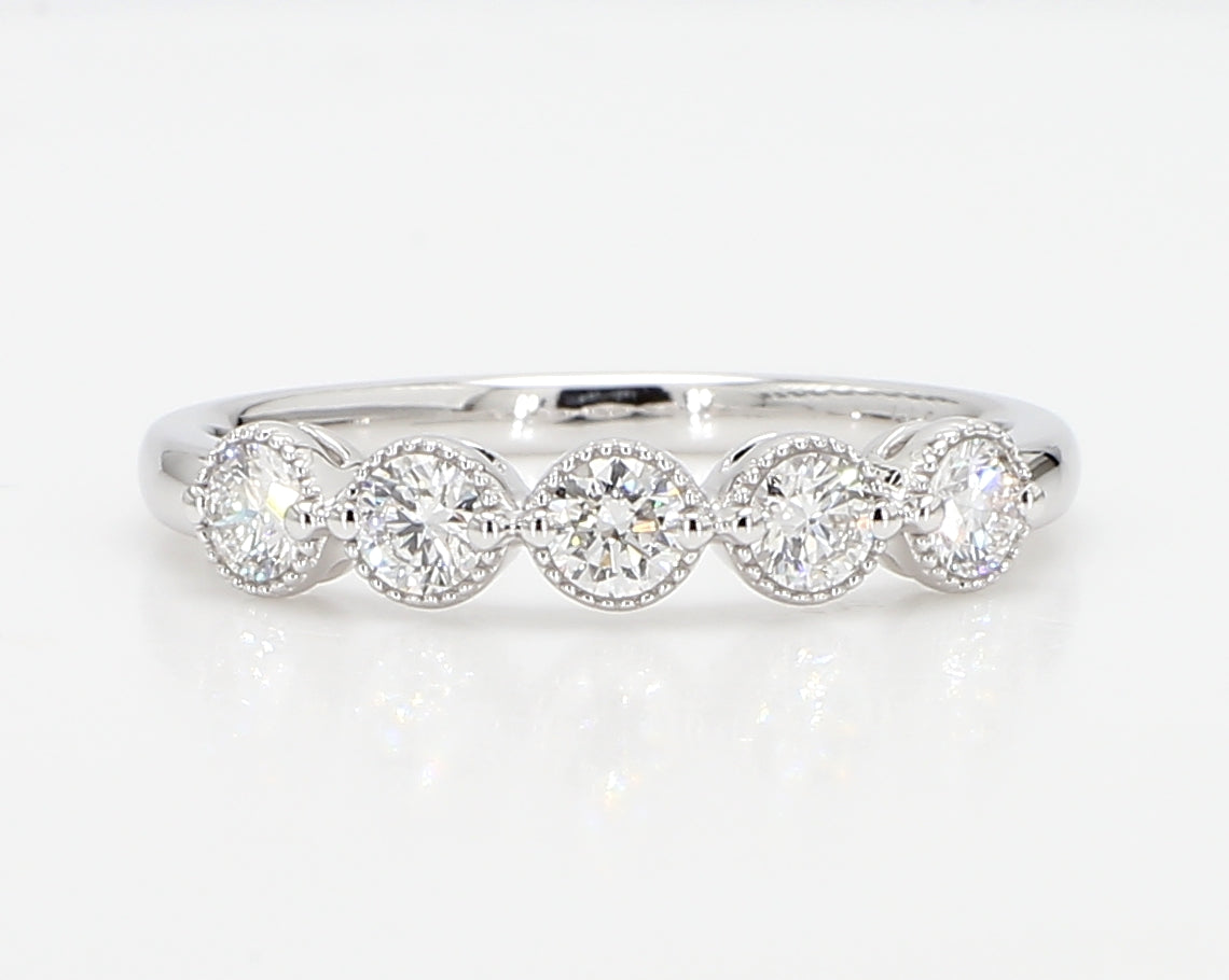 0.50 cttw 14k White Gold Round 5 Stone Wedding Band, Halo Setting