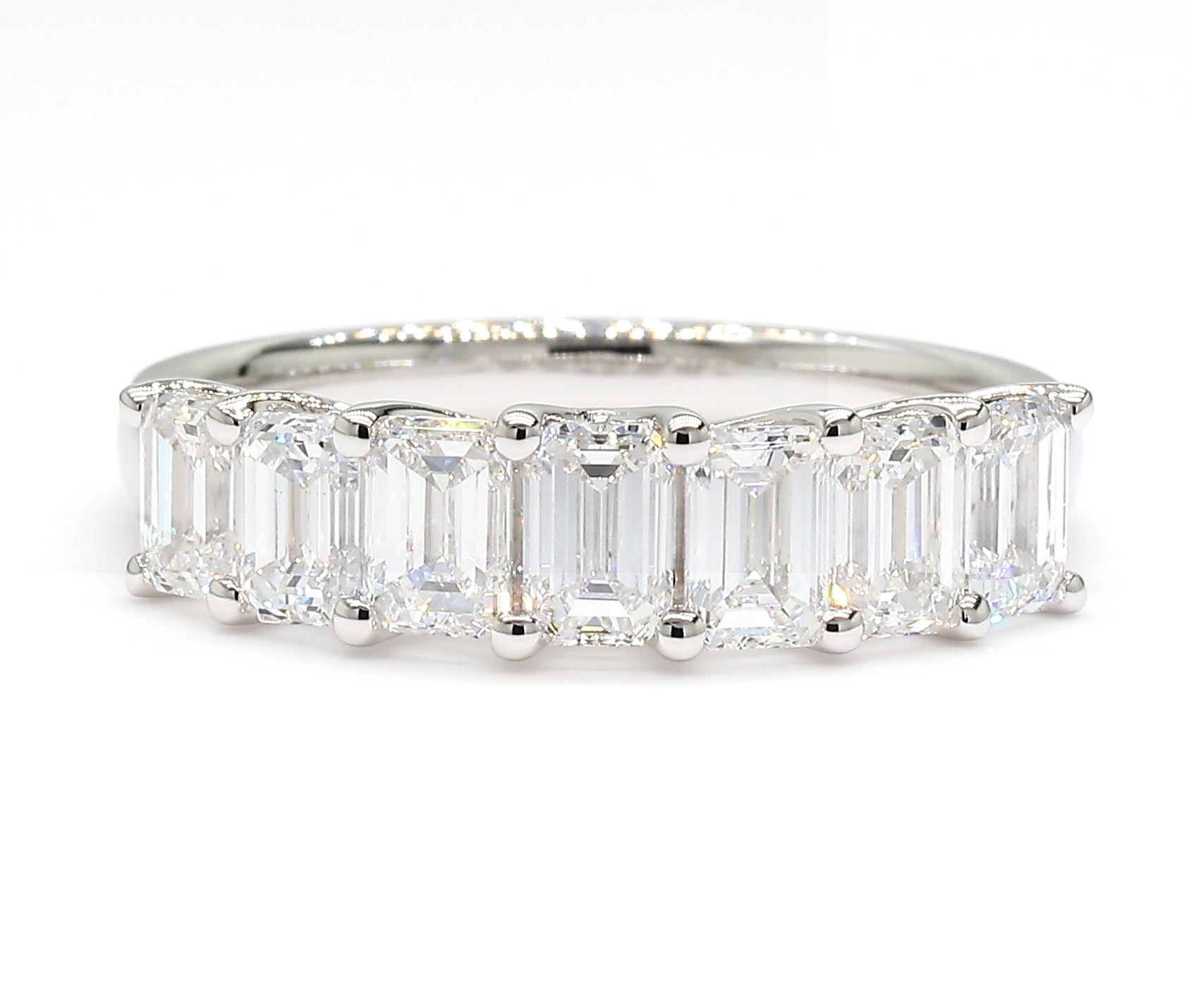 2.01 cttw 14k White Gold Emerald 7 Stone Wedding Band, Trellis Weave Setting